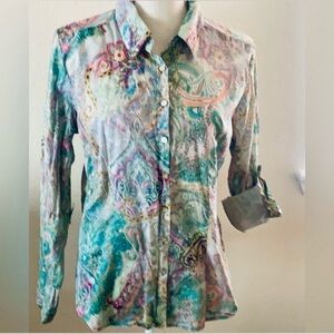 CHARLIE B Country Western Button-Up, Paisley Shirt, Mint/Multi Small, EUC PM7